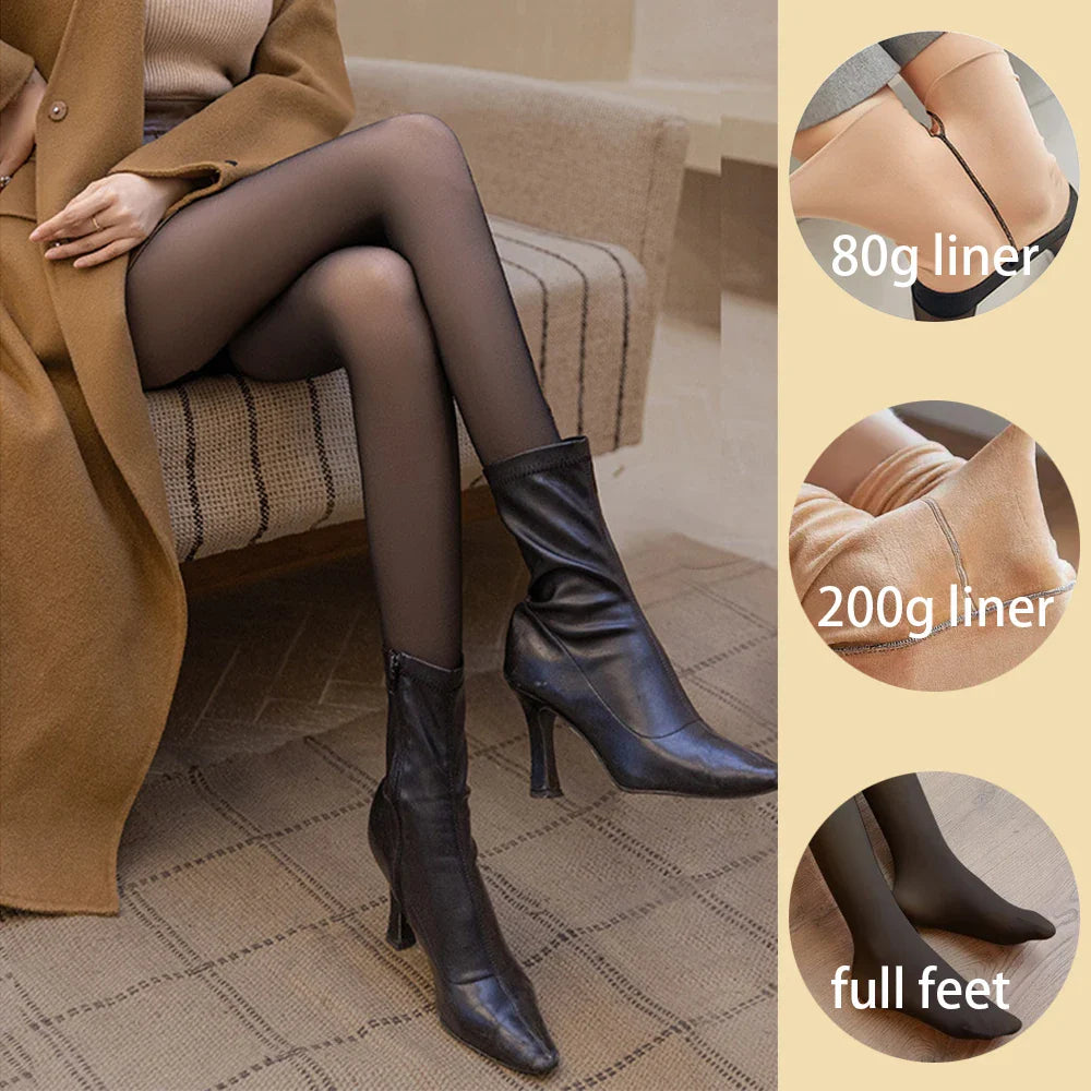 Loozykit Fleece Leggings Women's Insulated Tights Winter Thermal Stockings Sexy High Waist Elastic Pantyhose Skin Effect Socks