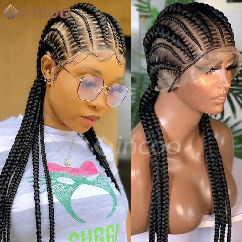 36 Inches Cornrows Braided Wigs Synthetic Full Lace Wig For Black Women Jumbo Braided Wigs Lace Frontal Faux Locs Box Braids Wig