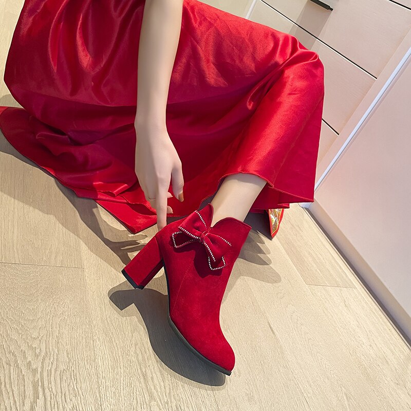 Women's Wedding High Heels Sexy Fashion Bow 2022 Winter New Warm Plush Ankle Boots Zipper Fleece Lined Pointed Toe Botas Mujer