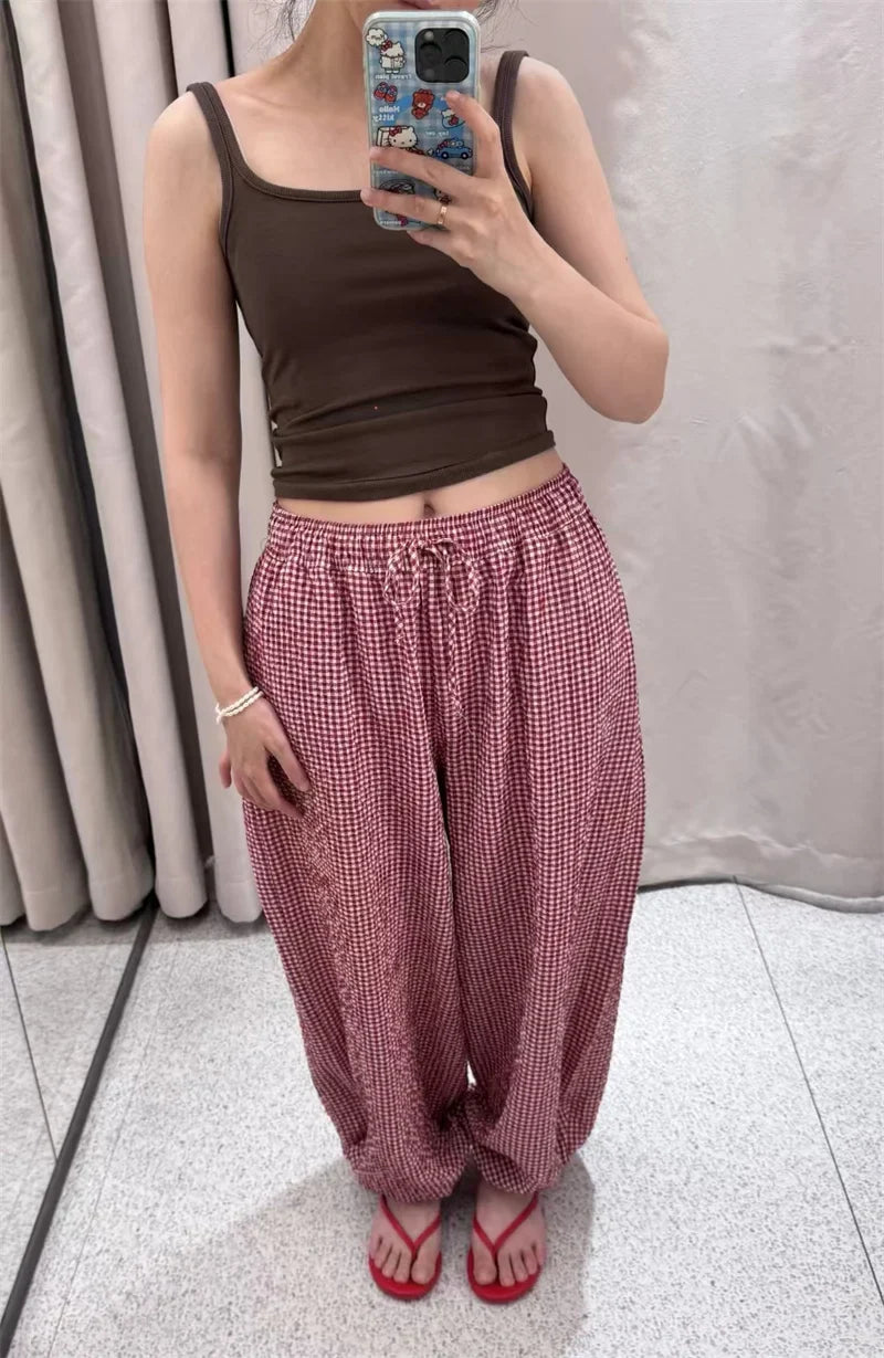 Women's Long Pants 2026 Summer New Style Red Plaid Drawstring Lantern Pants Long Pants Beach Vacation Casual Fashion