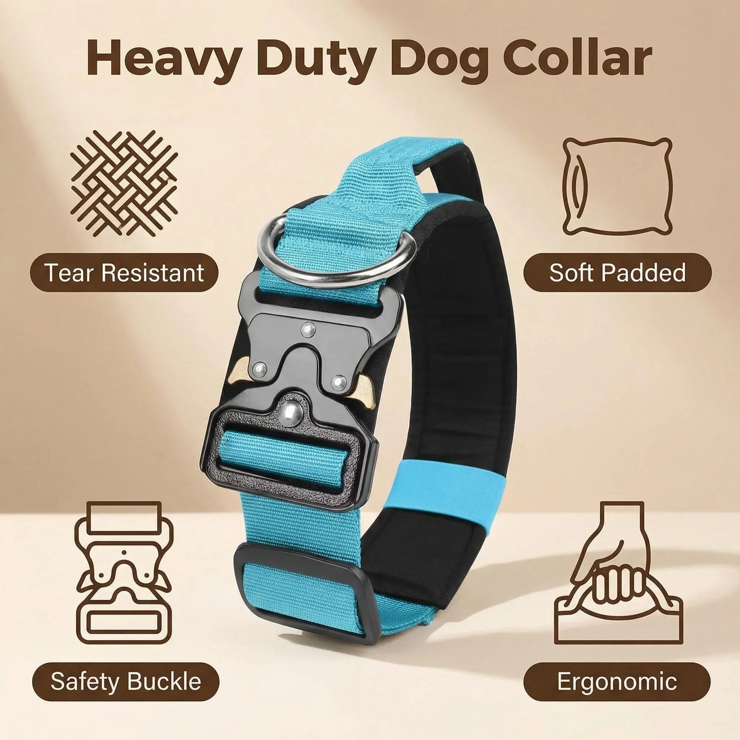 Padded Tactical Dog Collar Heavy Duty, Soft Neoprene Adjustable Nylon with Metal Buckle for Large Medium Dogs