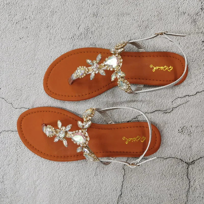 2024 Trendy Summer Women's Shoes Large Size Beautiful Crystal Shiny Flat with Female Sandals  Bohemia Back Strap Footwear