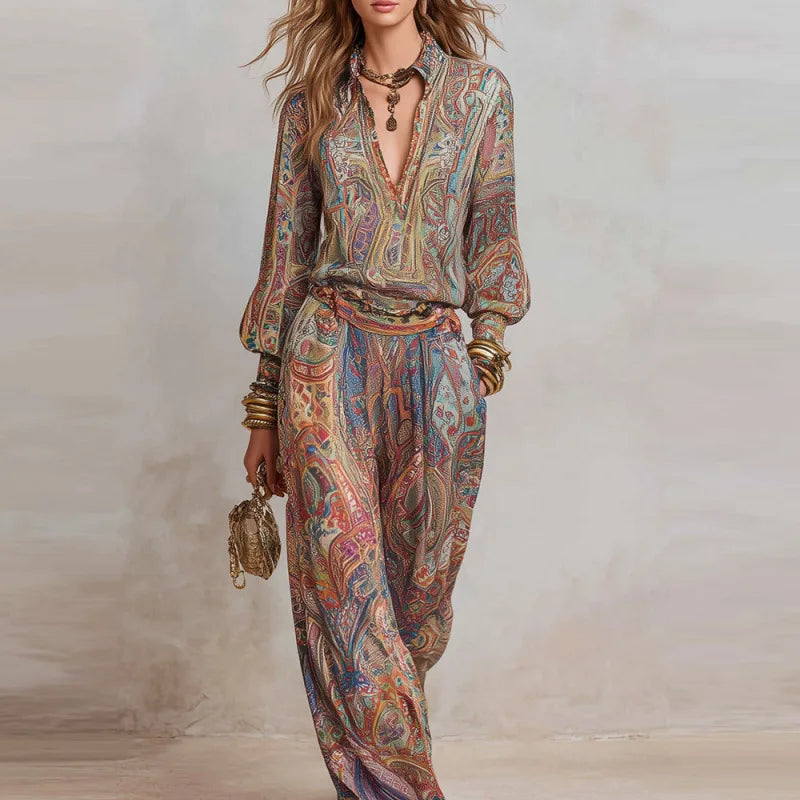 Retro Boho Printed 2 Piece Set for Women 2026 V Neck Top + Wide Leg Trousers Elegant Outfit Suit Casual Loose Suit Outfit