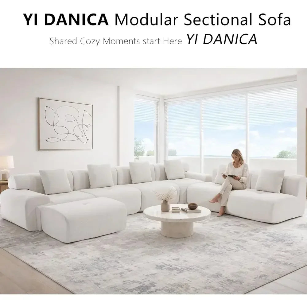 Heavy-Duty 122 Sectional Sofa with Ottoman, Premium Corduroy, 1200lbs Capacity, High-Density Foam (Beige, 3 Seater & 1 Ottoman)