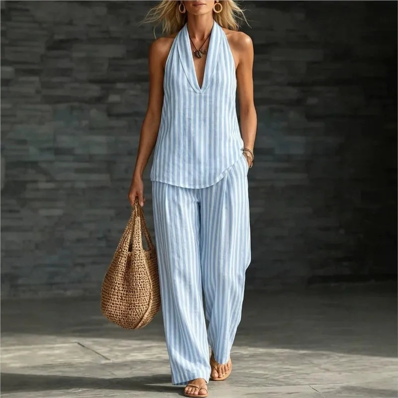 Women's Casual Two-piece Set Spring Summer Striped Wide-leg Pants Halter Top Cotton And Linen Two-piece Set For Women Clothing