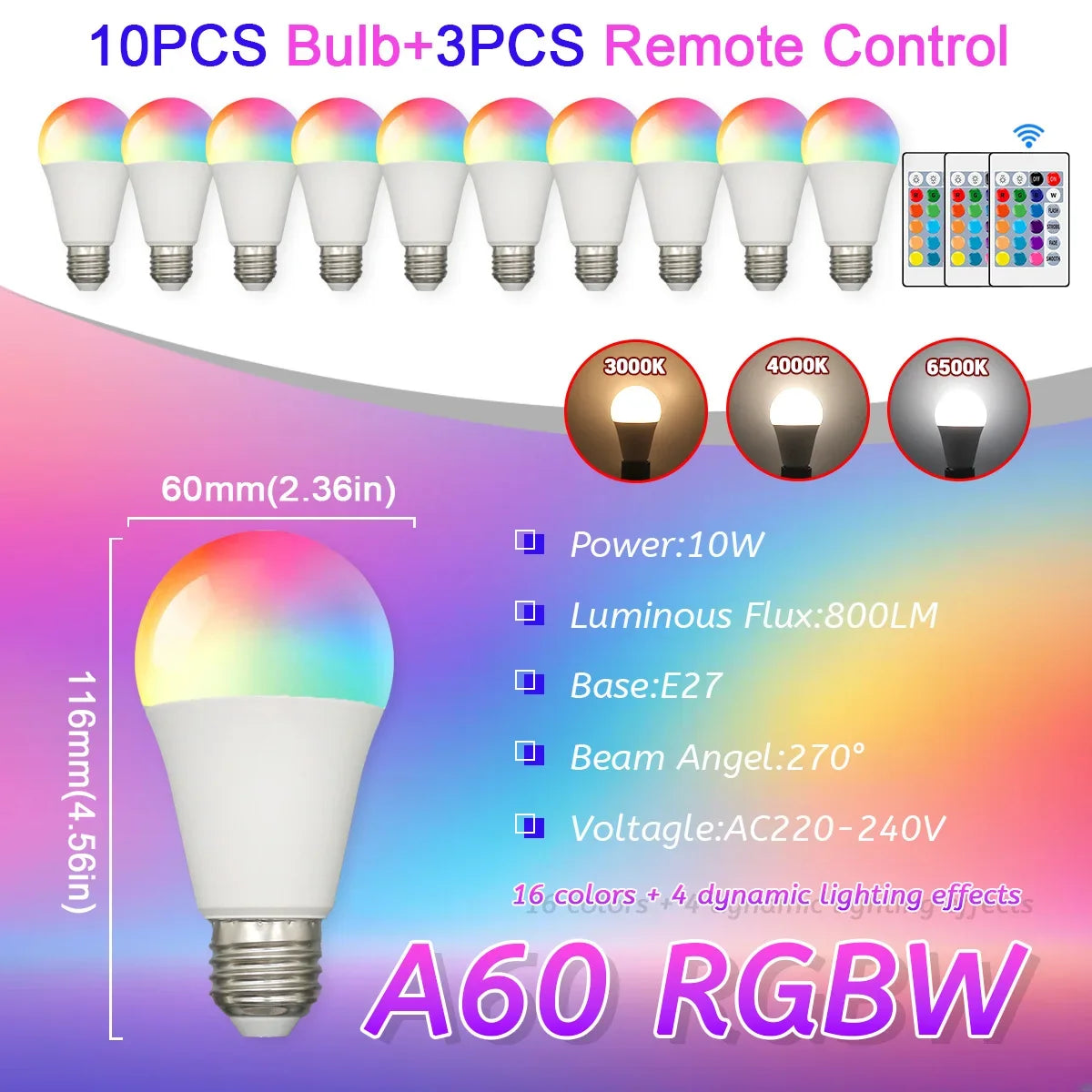 E27 RGB LED Light Bulb 220V 10W with IR Remote Control Color Changing Multicolor + White Lamp Spotlight for Bedroom Party Home