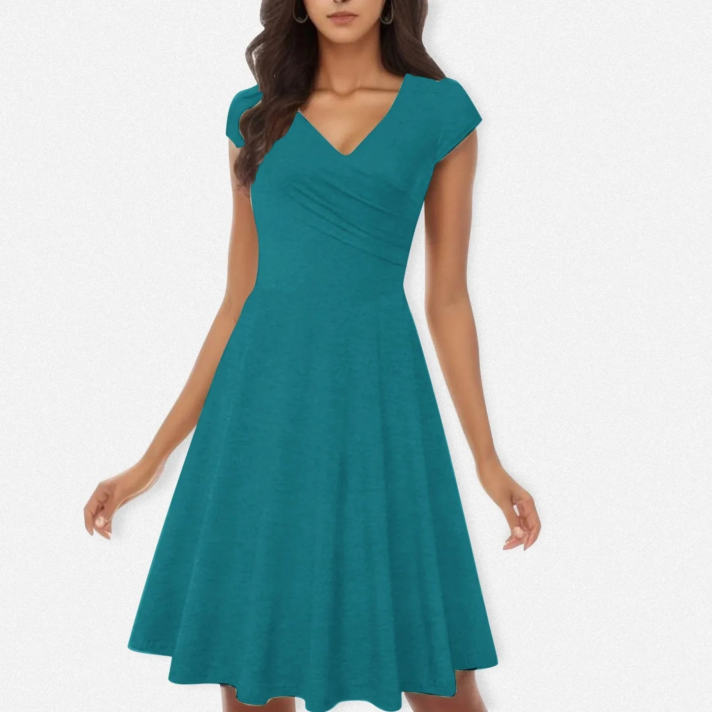 Female Solid Dress Knee-Length Short Sleeve Summer Empire Pleated Dresses A-line V-neck Simple Laides Casual Club Party Dress
