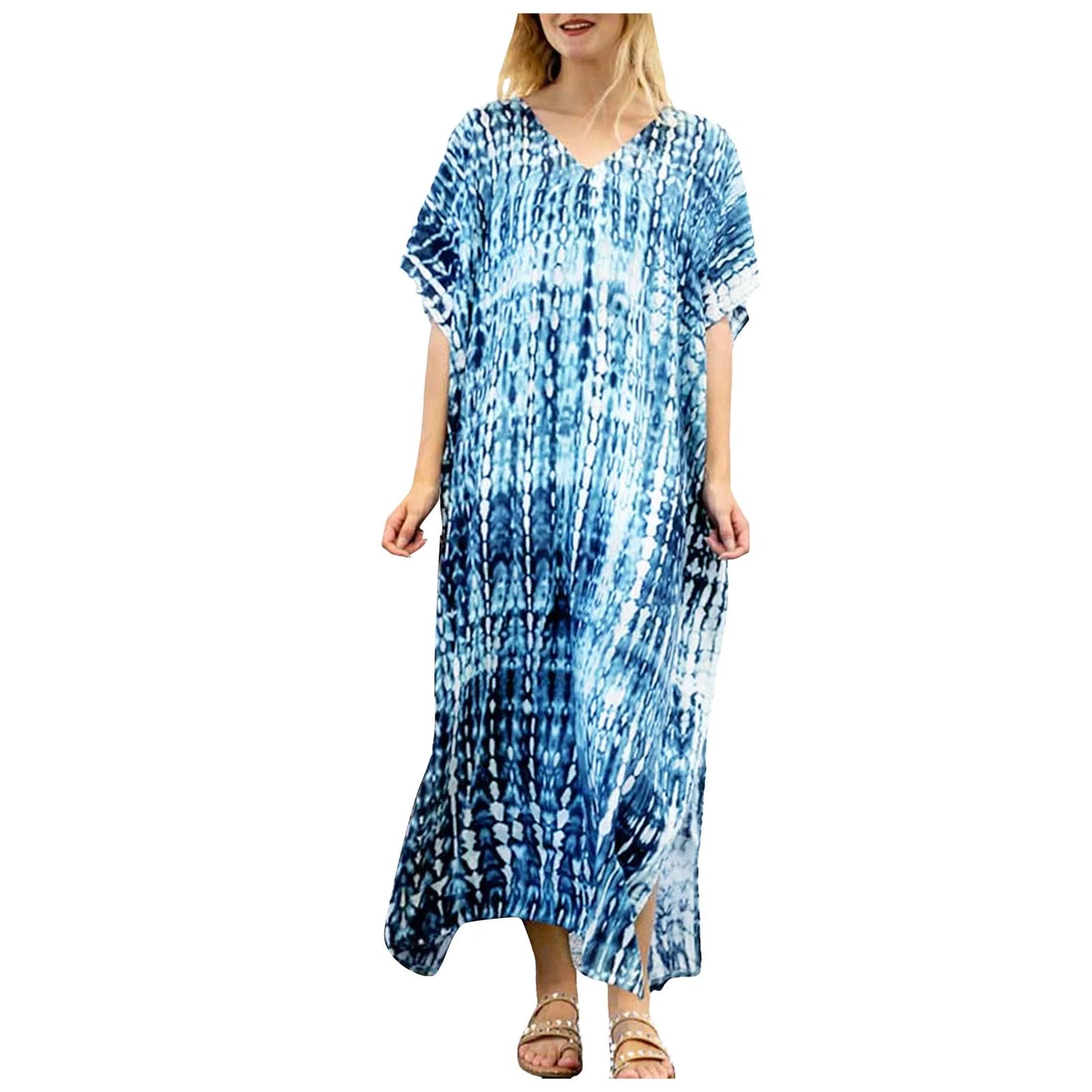 Womens Plus Size Kaftans Casual V Neck Puff Sleeve Boho Loose Floral Long Soft Beach Maxi Summer Swing Party Dresses For Women