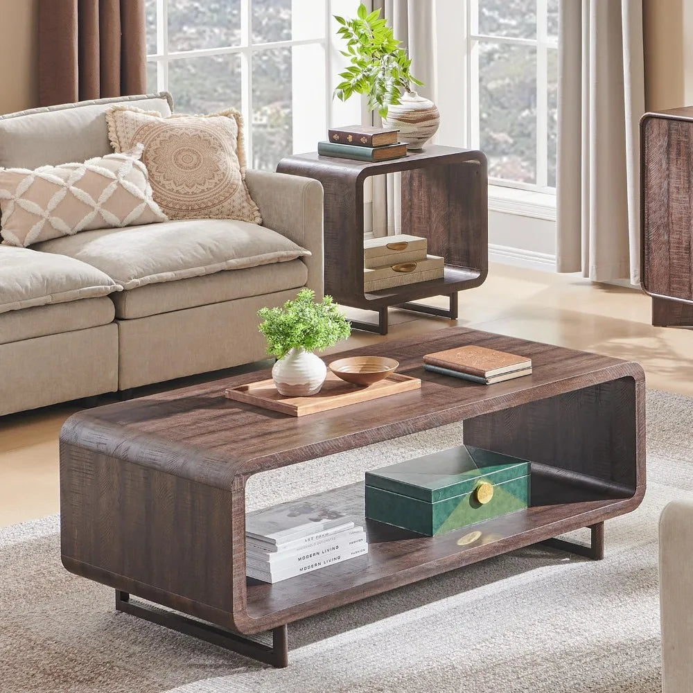 48" Modern Coffee Table, 2-Tier Minimalist Design with Storage Shelf, Curved Profile for Living Room.