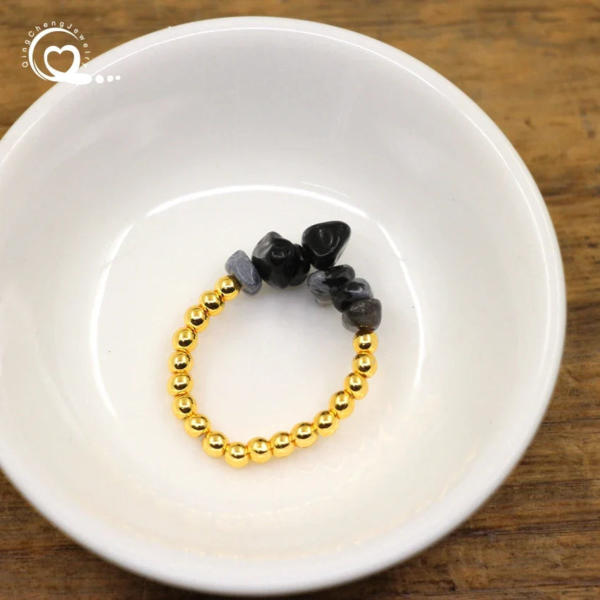 Healing Crystal Chip Stackable Rings Golds Brass Round Beads Natural Stone Gravel Stretchy Ring Fashion Women Jewelry,QC4218