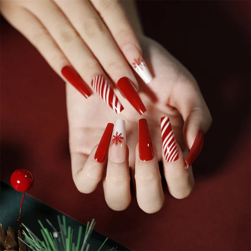 24Pcs/Set American Almond Christmas Wearing False Nails Full Coverage Press on Nails Removable Adhesive Acrylic Fake Nails Tips