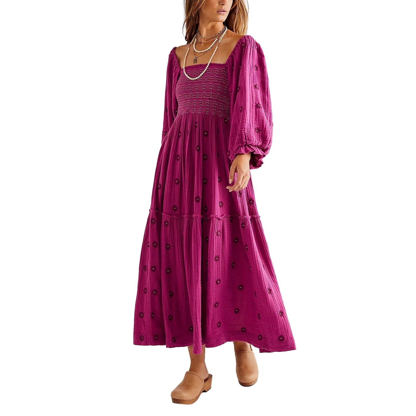 Casual Ladies Floral Print 3/4 Sleeve Loose Dress Summer Square Neck Long Dress Bohemian Women's A-Line Sundress 2023 Streetwear