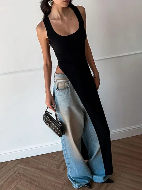 DSMTRC Sexy Sleeveless High Split Long Dresses High Street Fashion Asymmetrical Summer Dress Women 2024 Solid Red Black Vestidos