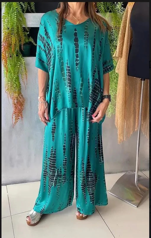 Summer Fashion T-shirt Pants Set Women Geometric Print Short Sleeved Tops Loose Wide Leg Pants Elegant Lady Set Clothing 2025