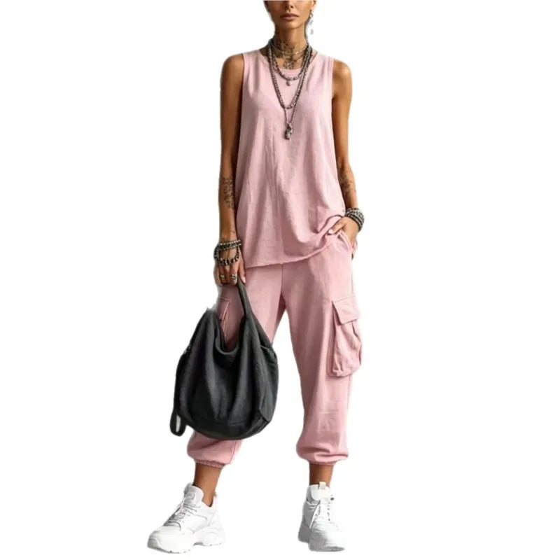 Solid Color Sports Two-piece Set Summer Fashion Sleeveless Top+wide Leg Pants Suit With Pockets Ladies O-neck Streetwear Outfit