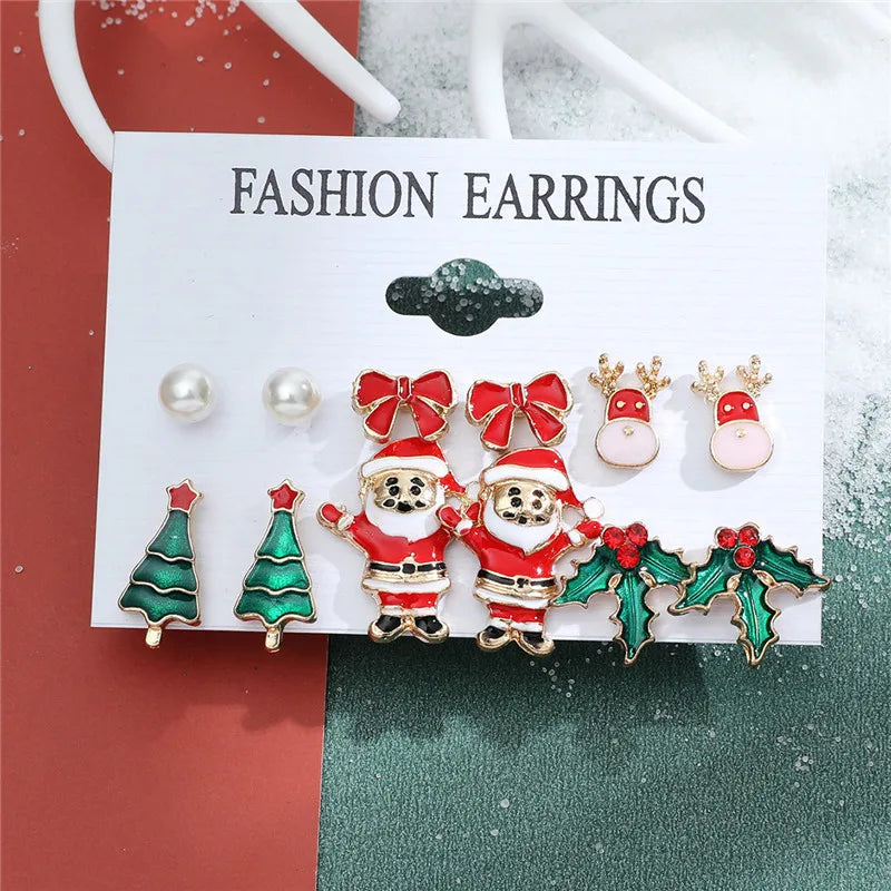 6 pairs Christmas Stud Earrings Xmas Tree Brown Elk Snowman Santa Claus Cute Christmas Earrings Christmas Gifts For Women Girls