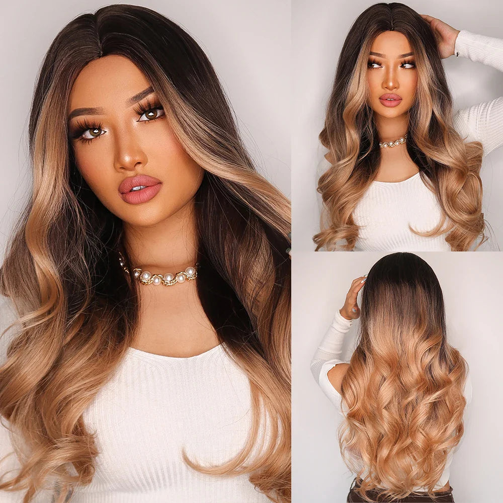Element Medium Length Synthetic Straight Natural Brown Wigs with Side Bangs Heat Resistant Party Wigs for White/Black Women