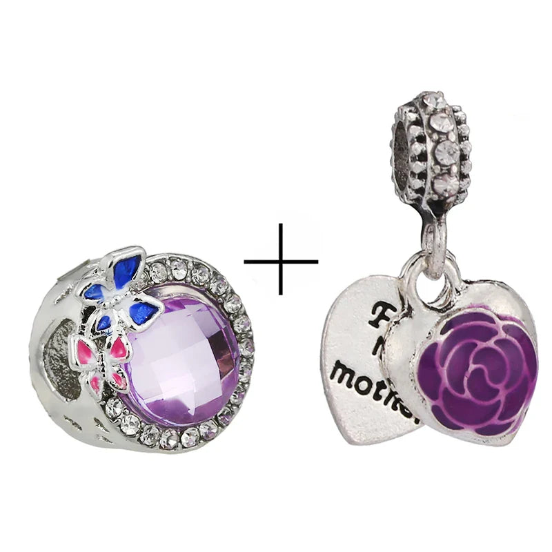BRACE CODE 2Pcs/Lot Pan Spring New Purple Charm Love Floral Diy Beads Pendant Making Men's Women's Children's Fine Bracelets