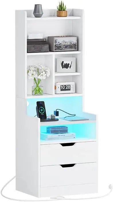 Charging Nightstand Set of 2 with LED Lights,Tall Night Stand with Bookshelf,Bedside Table with Drawers
