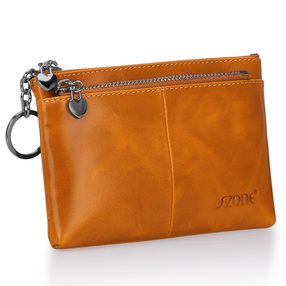 S-ZONE Women Genuine Leather Triple Zipper Small Wallet Change Coin Purse Holder