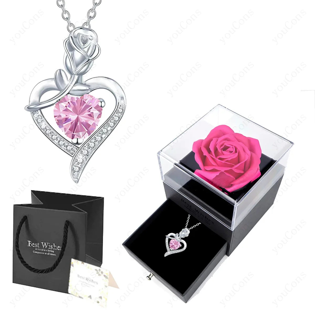 Luxury Red Zircon Heart Necklace With Rose Flower Gift Box For Girlfriend Birthday Valentine Gift  Romantic Accessories