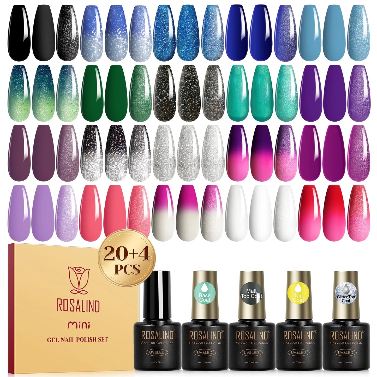 ROSALIND 24PCS Gel Nail Polish Set with Base and Top Coat Soak Off Nail Gel Kit Long Lasting