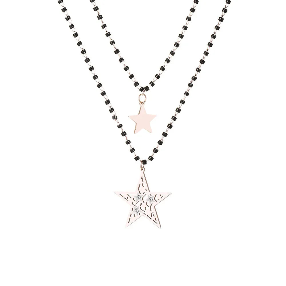 Fashion Double Layer Black Crystal Beads Necklace For Women Stainless Steel Star Choker Necklace Women's Jewelry femme Bijoux