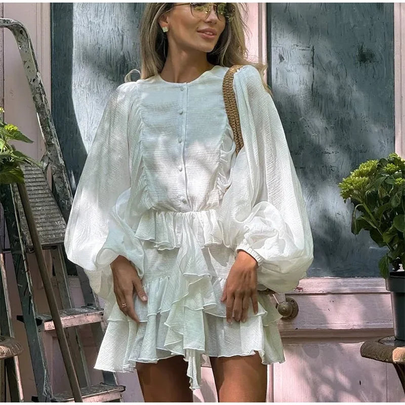 Elegant Layer Ruffles Hem Mini Dresses Chic Loose O Neck Lantern Sleeve Button A-line Cake Dress New Ladies High Street Vestidos