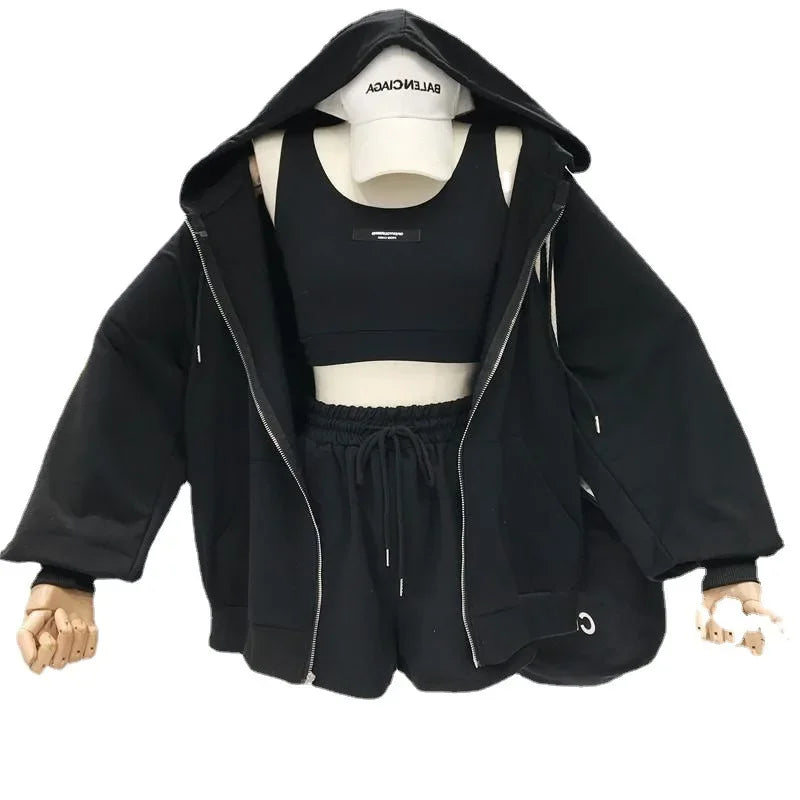 Women's Fashionable Casual Sports Windsuit Spring Autumn Collection Age-Reducing Gym Running Sweatshirt Shorts Three-Piece Set