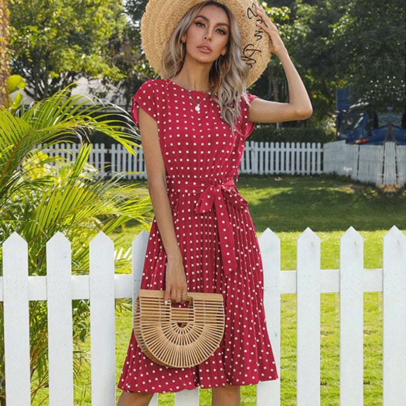 Summer Dresses For Women High Waist Midi Elegant Pleated Polka Dots , Dinner Party Vacation Dress.