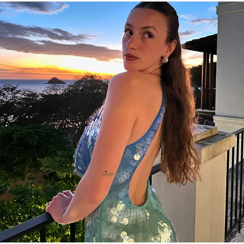 Sequins Halter Hollow Out Dress Women's Sexy Backless Sleeveless Contrast Color  Mini Dresses 2025 Summer New Lady Beach Robes