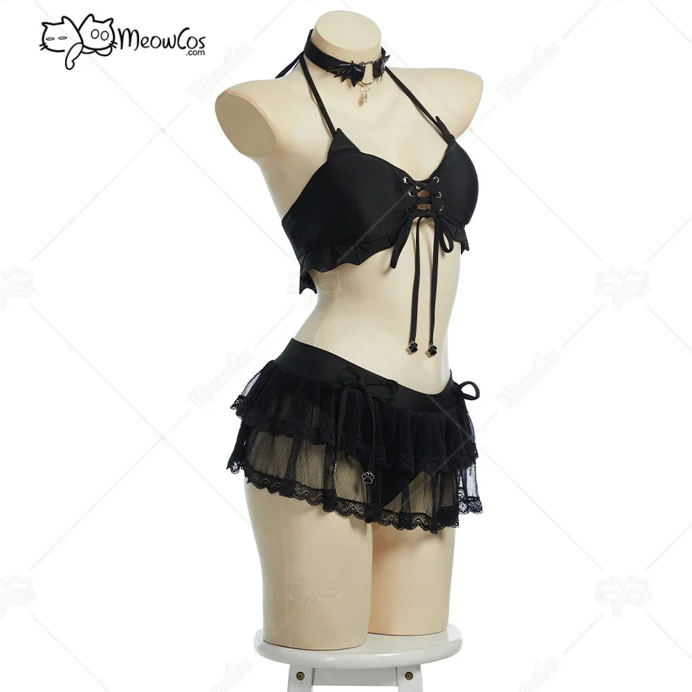 Meowcos Women‘s Midnight Meow Gothic Black Cat Bat Two-Piece Swimsuit Halter Top and Skirt Bathing Suit with Choker