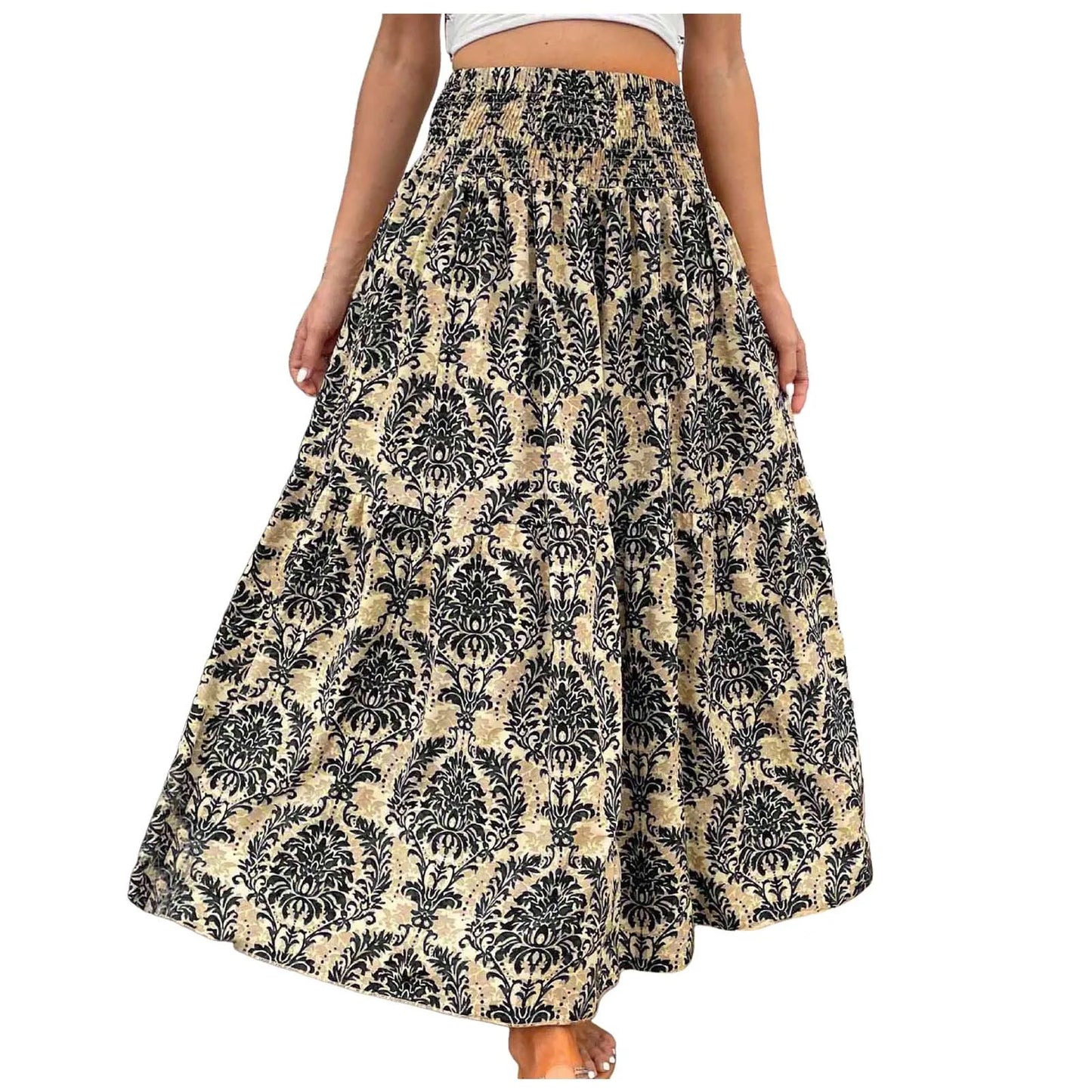 Vintage Boho Skirts For Women Summer Elastic Waist A-Line Faldas Bohemian Printed Flowy Skirt Beachside Swing Maxi Long Skirts