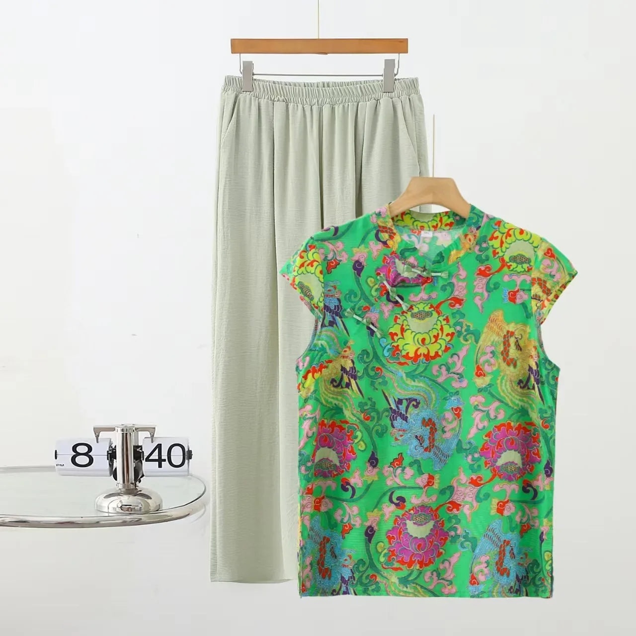 Summer Cotton-silk blend Cheongsam 2 Pcs Set Loose Short Sleeve Frog Closure Tops and Wide leg Pants New Chinese Style Plus size