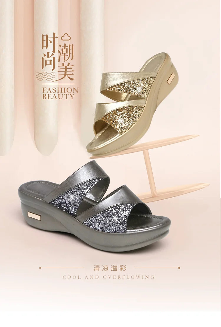 Sandals Woman Summer Gold Open Toe Sandal Dress Shoes Womens High Heels Sandals Platform Wedges Heeled Pumps Ladies Shoes