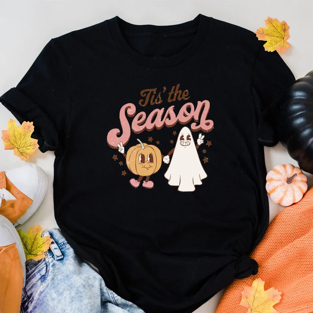 Tis The Season Shirt Retro Halloween Shirts Fall Season Pumpkin Ghost T Shirt Halloween Party Outfit Trick or Treat Clothes