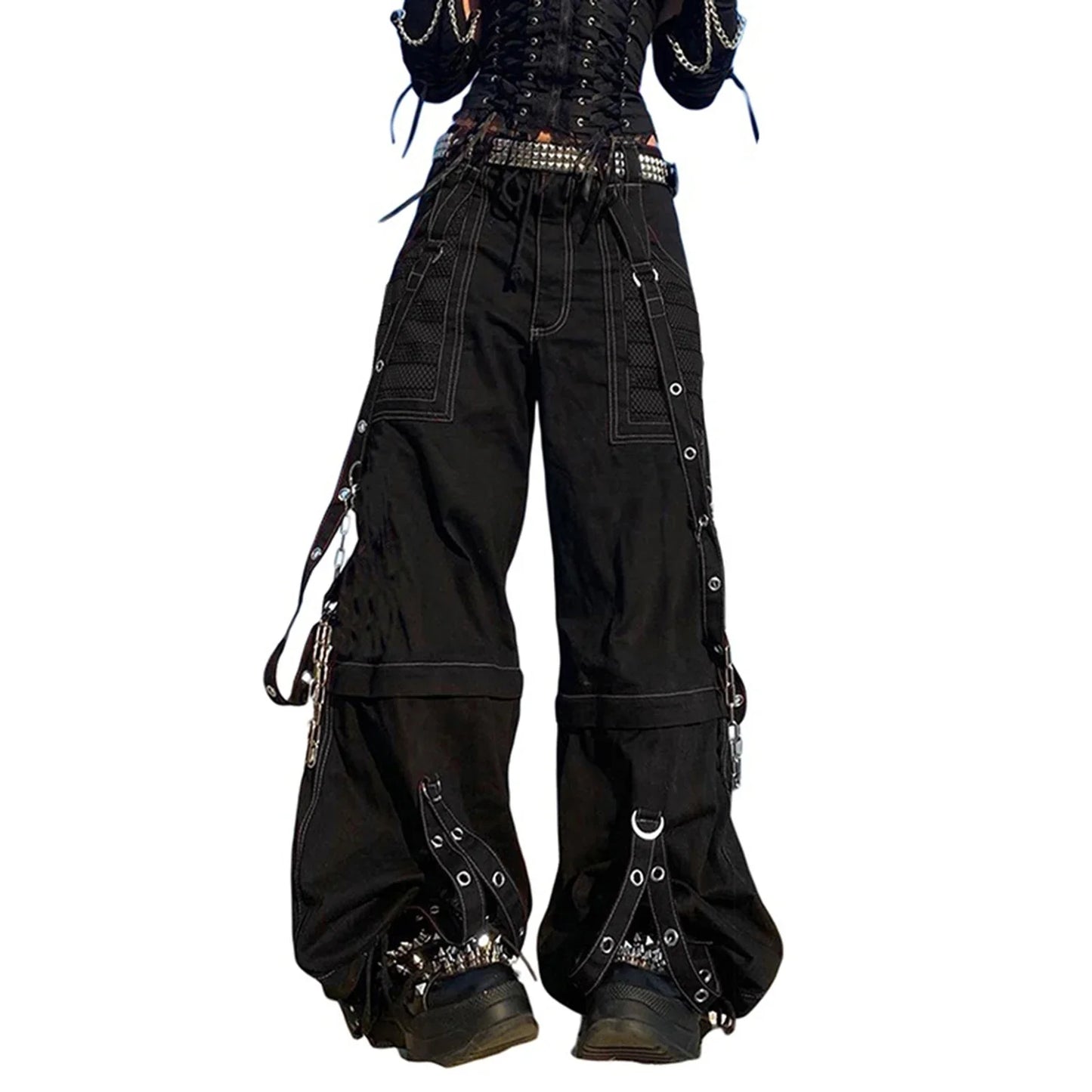 Women Fall Winter Cargo Jeans Striped Zipper Button Closure Loose Casual Trousers Streetwear with Pockets