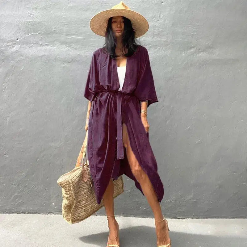 WeHello-Women's Beach Cover Up Kimono, Summer Swimsuit Cape, Solid Bohemian Tunic Dresses, Bathing Suits, Cardigan, Shawl