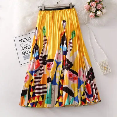2023 Summer Women Cartoon Print Pleated Skirts A Line High Waisted Elastic Midi Long Skirt Ladies Party Korean Style Dresses