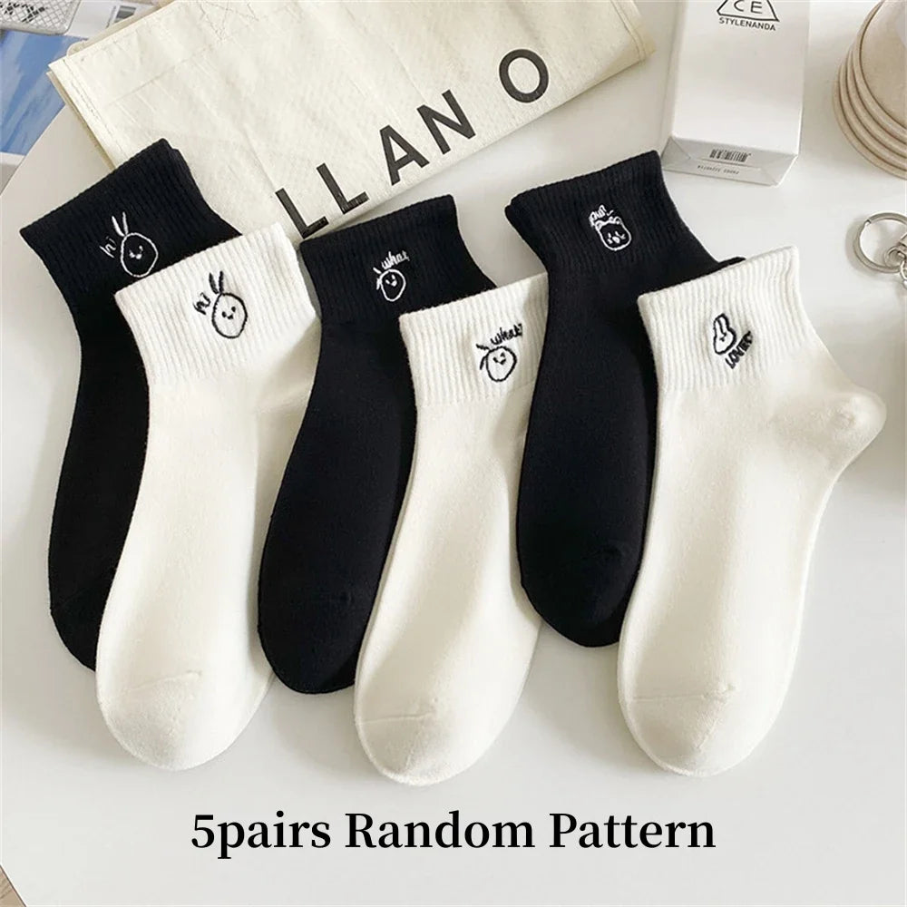 Women's Cute Cartoon Embroidery Ankle Socks Summer Thin Breathable Black White Socks Korean Style Kawaii Crew Socks Streetwear