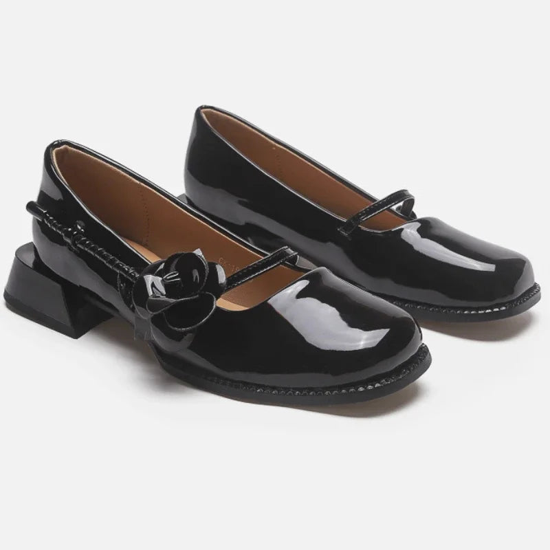Lacquer Leather Mary Jane Shoes Women Flower Designer Women Shoes Shallow Fashion Square Toe Elegant Chunky Retro Pumps Female
