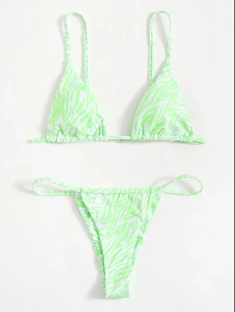Sexy Triangle Split Swimsuit Striped Print Drawstring Women's Bikini Swimsuit