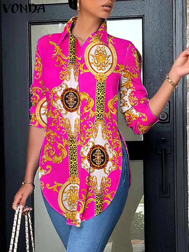 2023 VONDA Casual Shirts Autumn Women Buttons Long Sleeve Blouses Asymmetrical Hem Loose Tops Ladies Solid Color Elegant Blusas