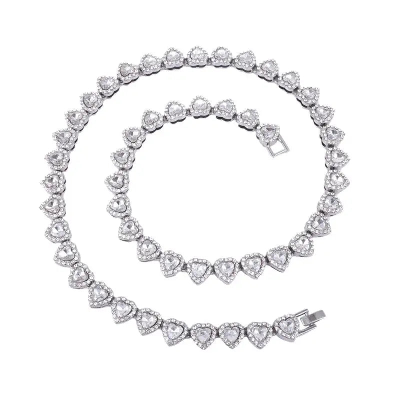 45CM New Hip Hop Tennis Chain Bracelet Necklace Shiny Heart Rhinestone