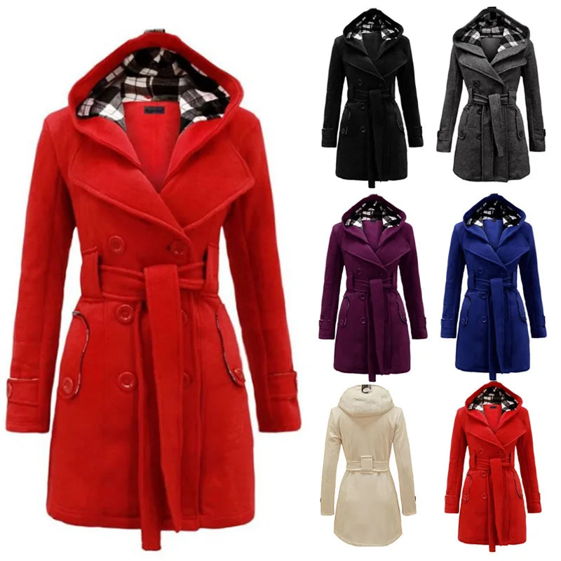 New Plaid Hooded Woolen Coat, Waist Belt Double Row Buttons, Mid-Length Outerwear.