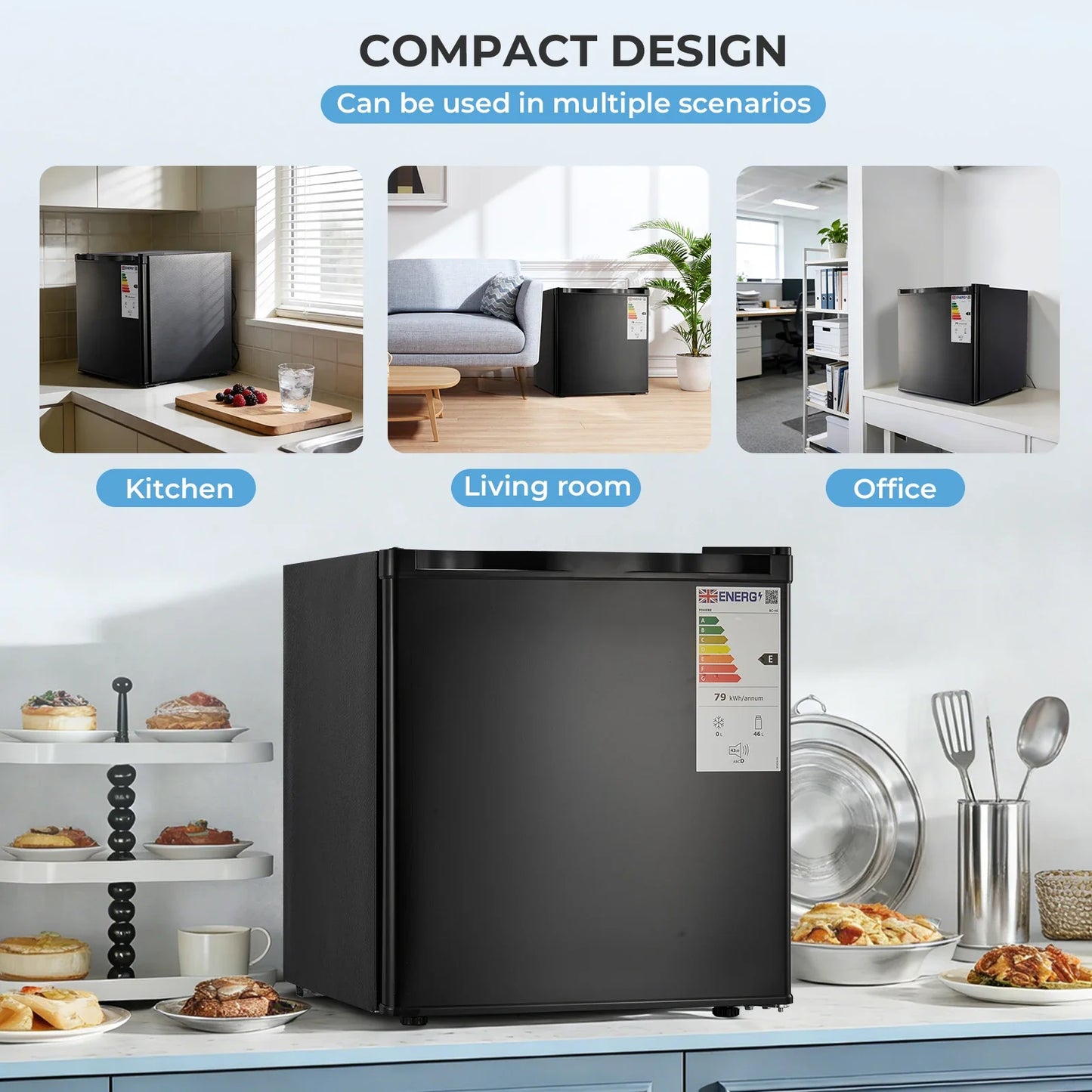 Mini Fridge 1.6 Cu.ft, Compact Small Drinks Refrigerator, Energy Saving, Adjustable Thermostat Dorm, Apartment, Bedroom, Black