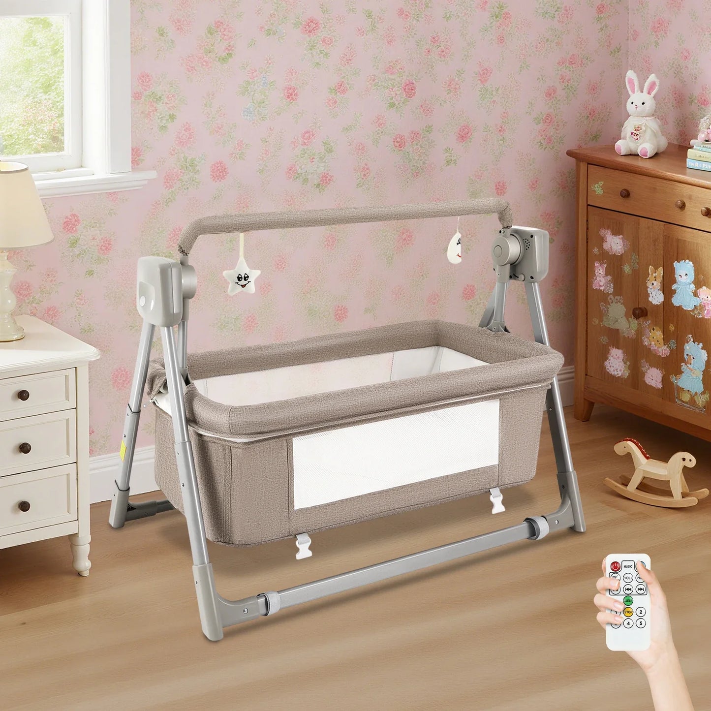 Baby Cradle Swing with Music, 5 Speed Electric Crib Auto Rocking Chair Bed, Foldable Baby Rocker for 0-36 Months, Khaki