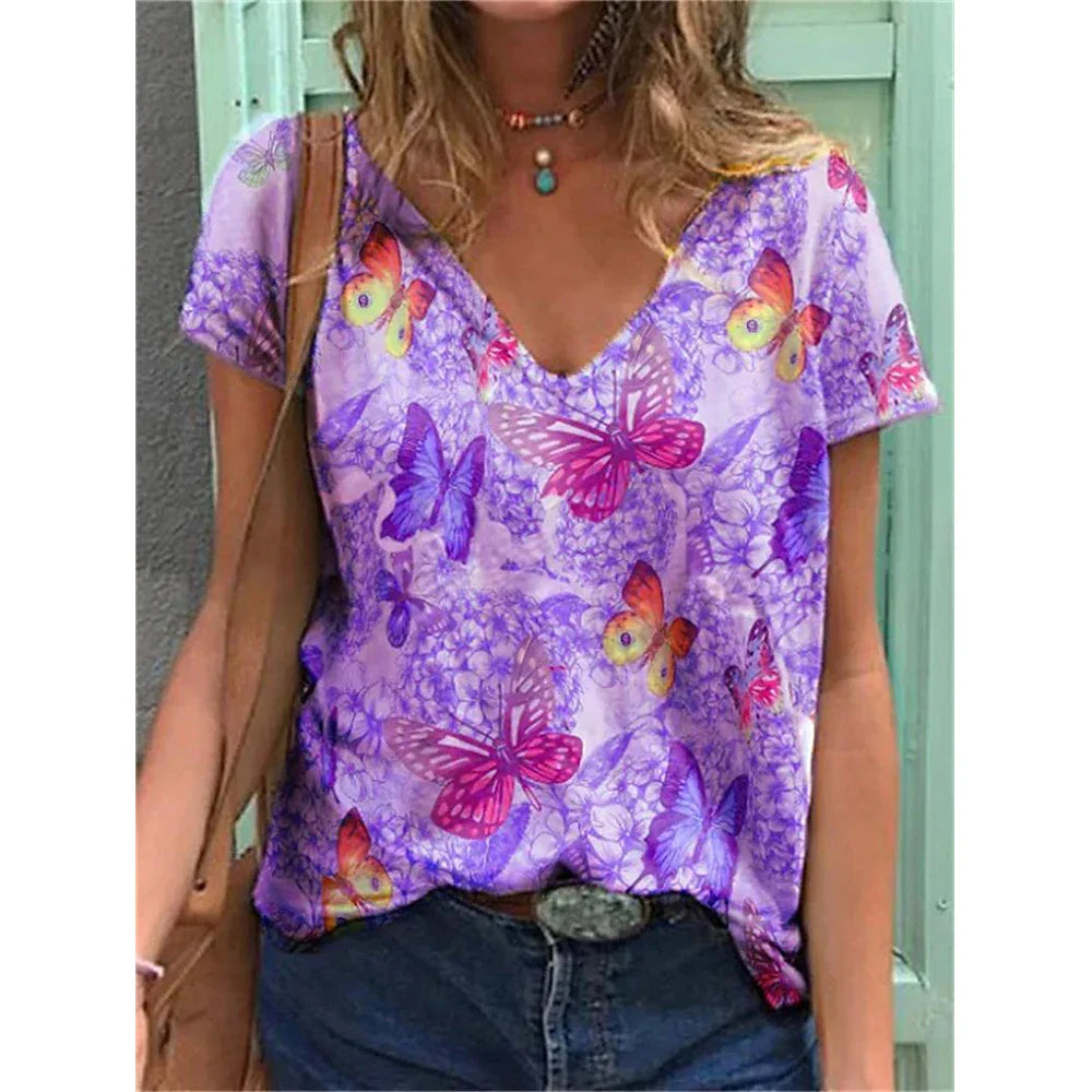 Women's T-shirts Fashion Tops V-neck Colorful Butterfly T Shirt Female Short Flowers Print Casual Tees Summer Oversized Clothes