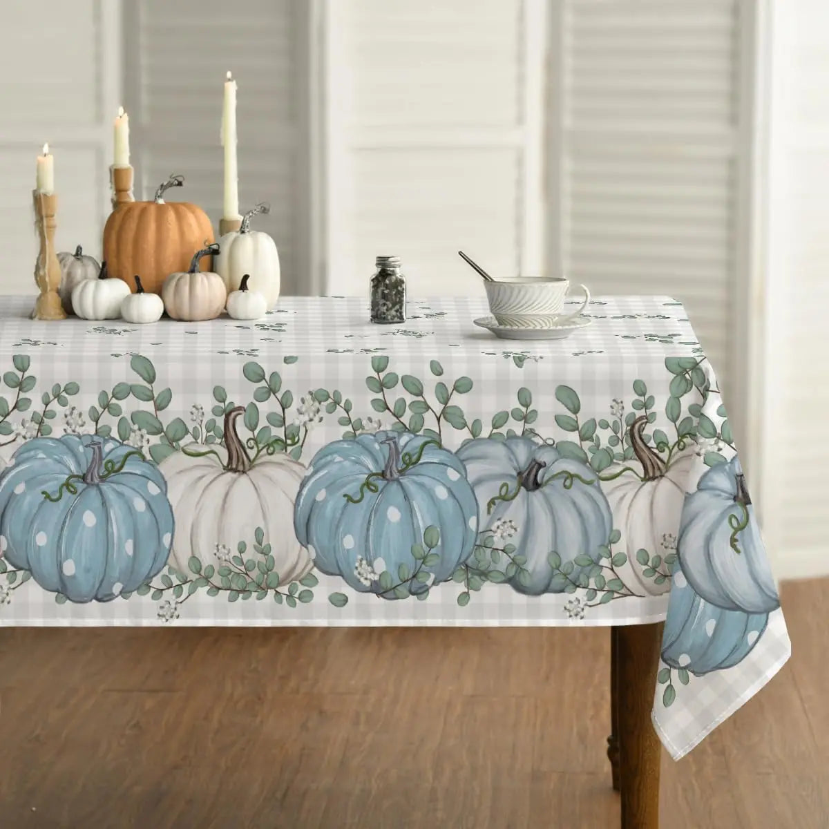 Thanksgiving Autumn Harvest Watercolor Blue Buffalo Plaid Pumpkin Rectangle Tablecloth Wedding Decorations Durable Tablecloth