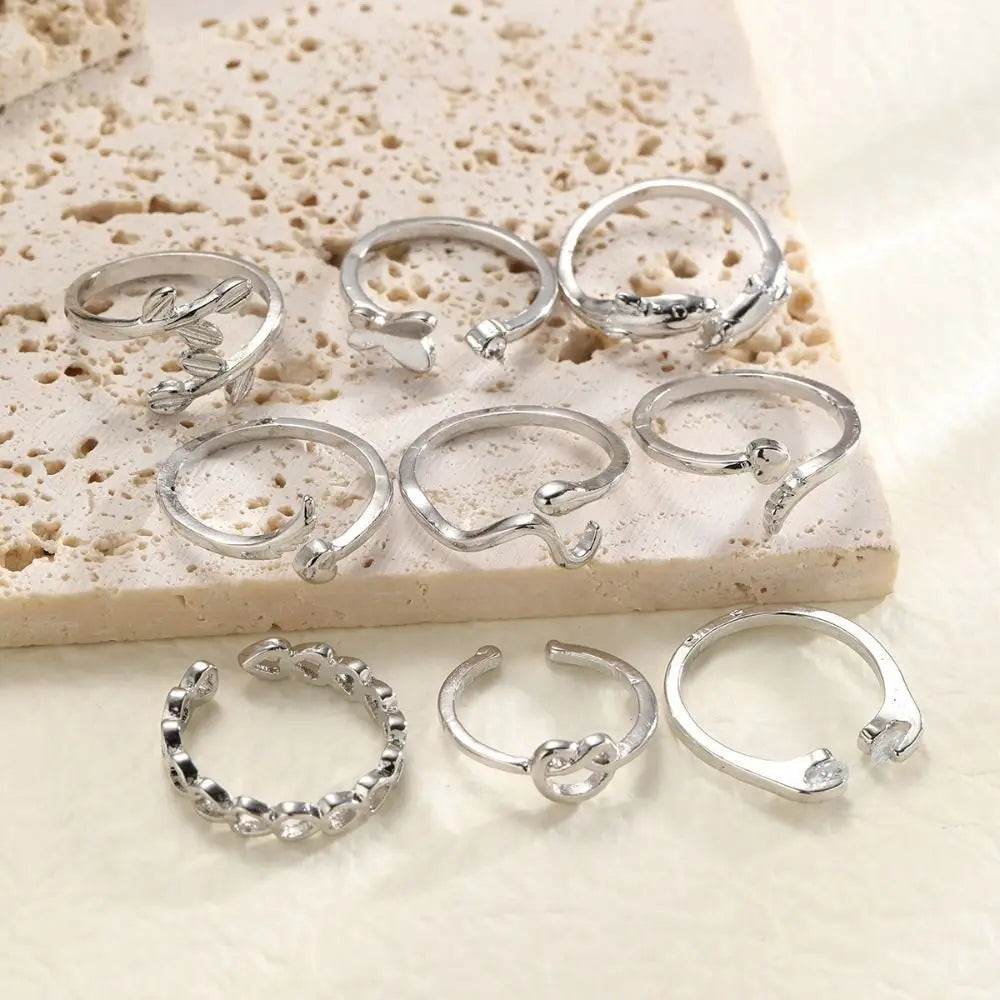 Cute Vintage Heart Toe Rings Opening Hollow Out Butterfly Foot Ring Set Bohemian Overlay Crystal Finger Ring Girls